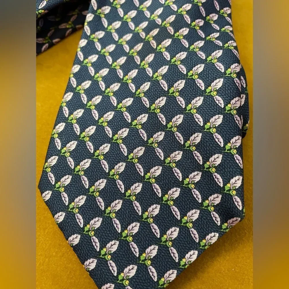 Thomas PINK Blue Silk Neck Tie Purple Leaves